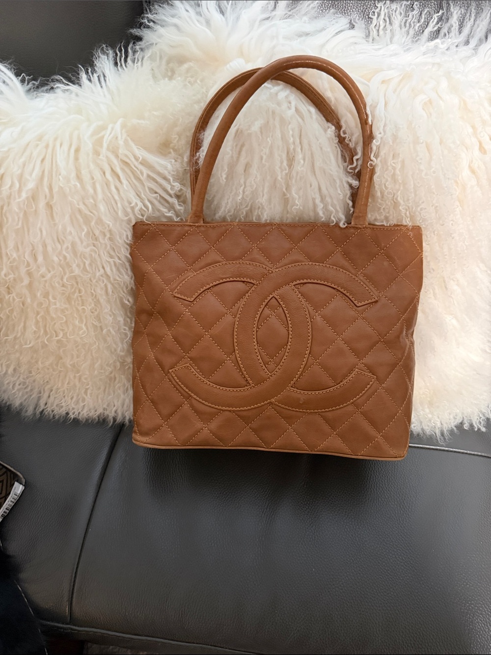 CHANEL Tan Quilted CC Logo Leather Tote